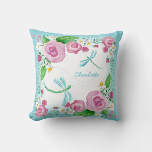 Blue Dragonfly Garden Nursery Watercolor Flowers Cushion