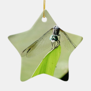 Blue Dragonfly on a green leaf Ceramic Tree Decoration