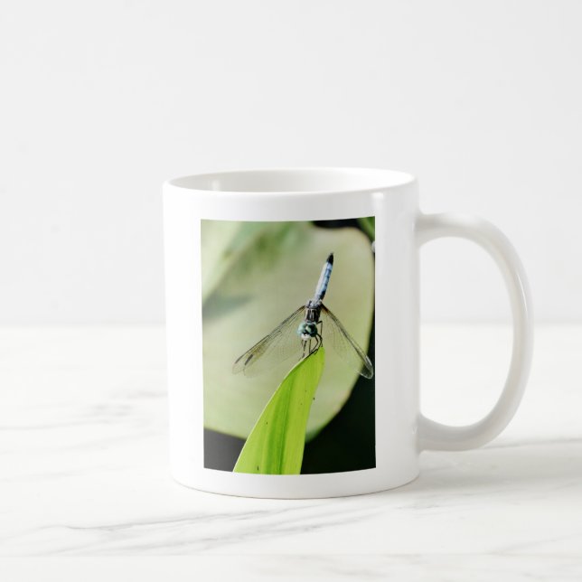 Blue Dragonfly on a green leaf Coffee Mug (Right)