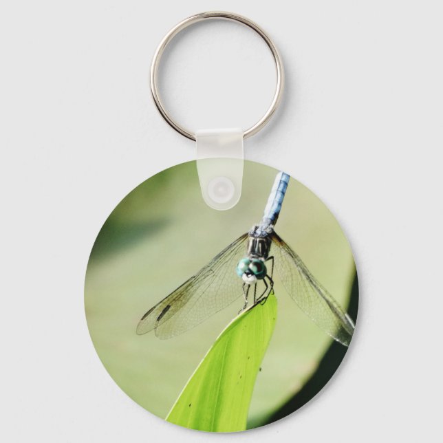 Blue Dragonfly on a green leaf Key Ring (Front)