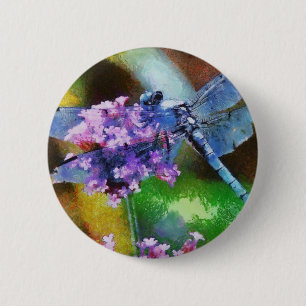 Blue Dragonfly on Wild Garlic Dot Art 6 Cm Round Badge