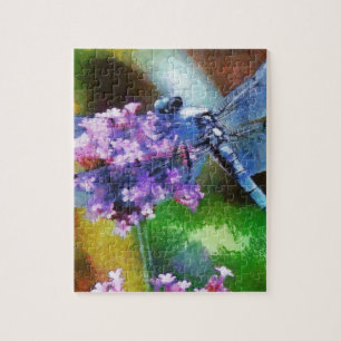 Blue Dragonfly on Wild Garlic Dot Art Jigsaw Puzzle