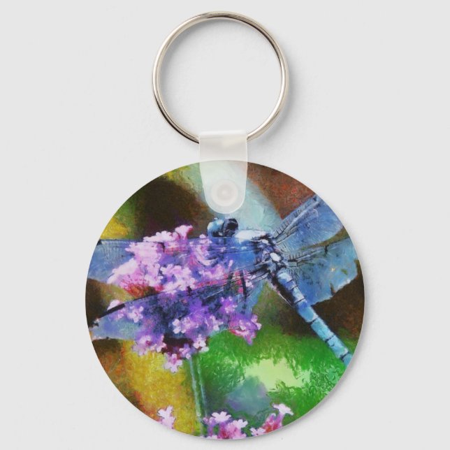 Blue Dragonfly on Wild Garlic Dot Art Key Ring (Front)