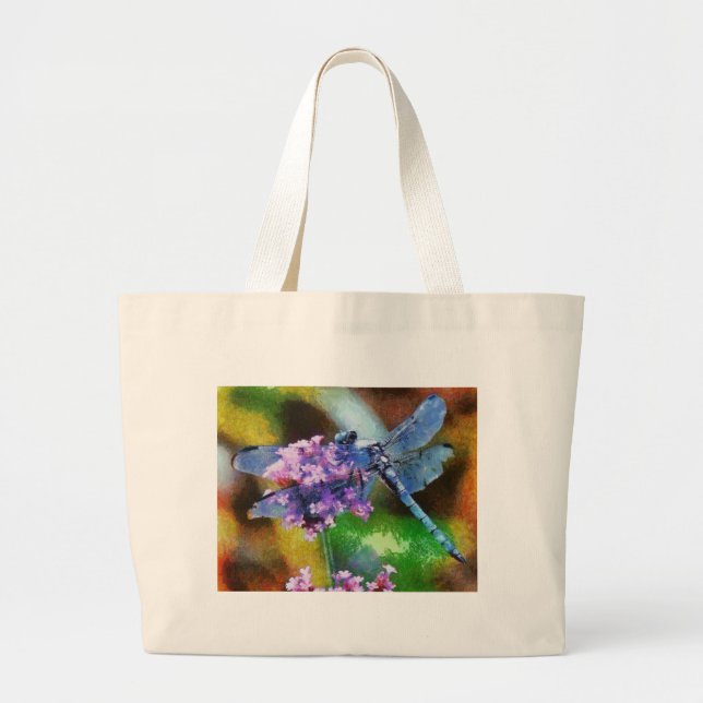 Blue Dragonfly on Wild Garlic Dot Art Large Tote Bag (Front)