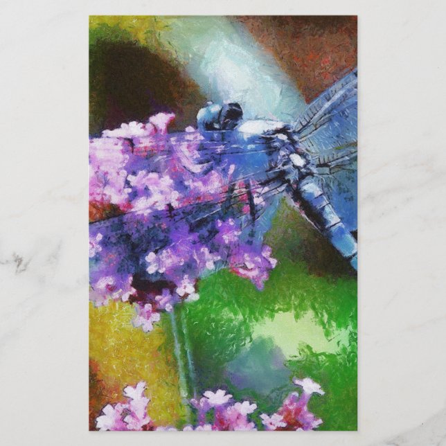 Blue Dragonfly on Wild Garlic Dot Art Stationery (Front)