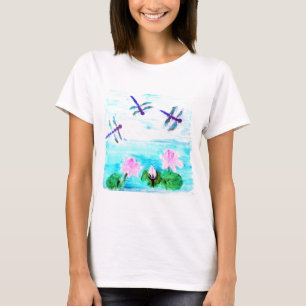 Blue Dragonfly, Pink Waterlilly Flowers T-Shirt