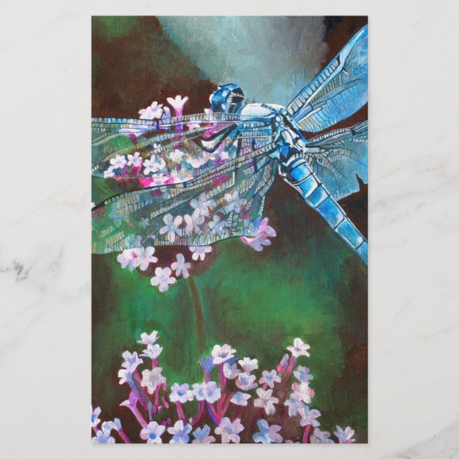 Blue Dragonfly Resting On Wild Garlic Stationery (Front)