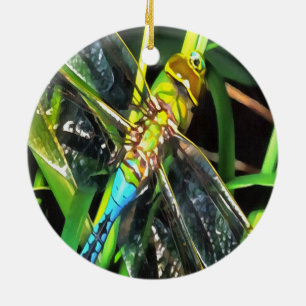 Blue Dragonfly Shimmering Wings Painting Ceramic Tree Decoration