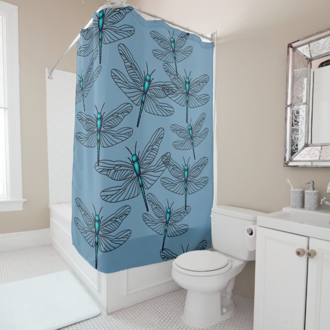 Blue Dragonfly Shower Curtain (In Situ)