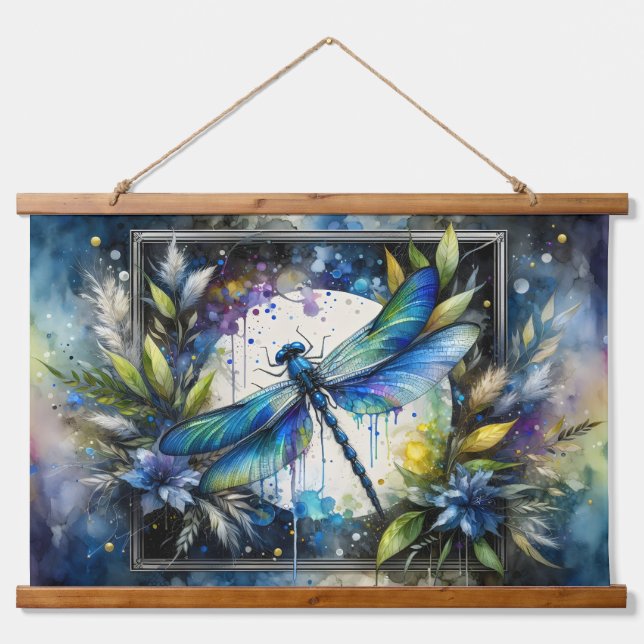 Blue Dragonfly Watercolor Botanical Hanging Tapestry (Front)