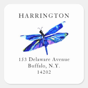 Blue Dragonfly Watercolor Nature Return Address Square Sticker