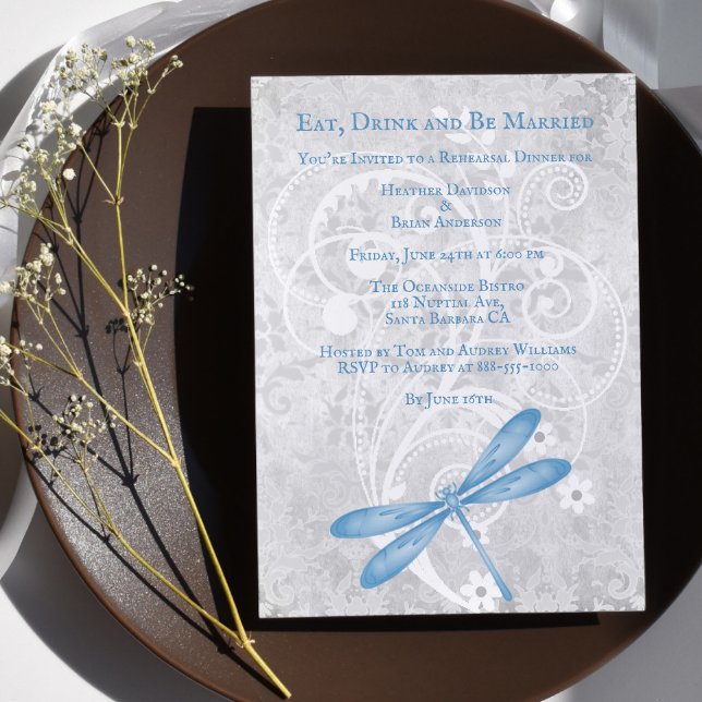 Blue Dragonfly Wedding Rehearsal Dinner Invite (Blue Dragonfly Wedding Rehearsal Dinner Invitation)