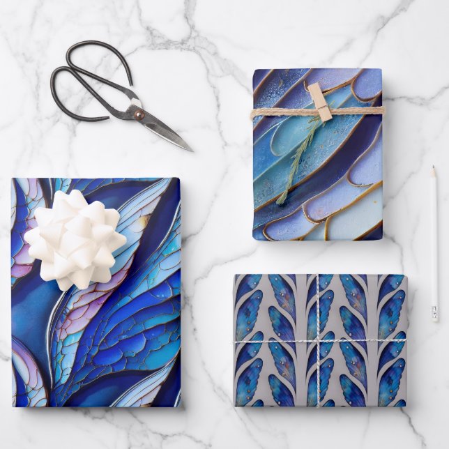 Blue Dragonfly Wings Wrapping Paper Flat Set of 3 (Front)