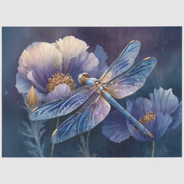 Blue Dragonfly with Golden Wings Decoupage Tissue Paper (Front)
