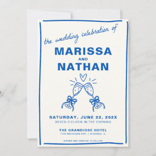 Blue Drawn Together Champgane Wedding Invitation