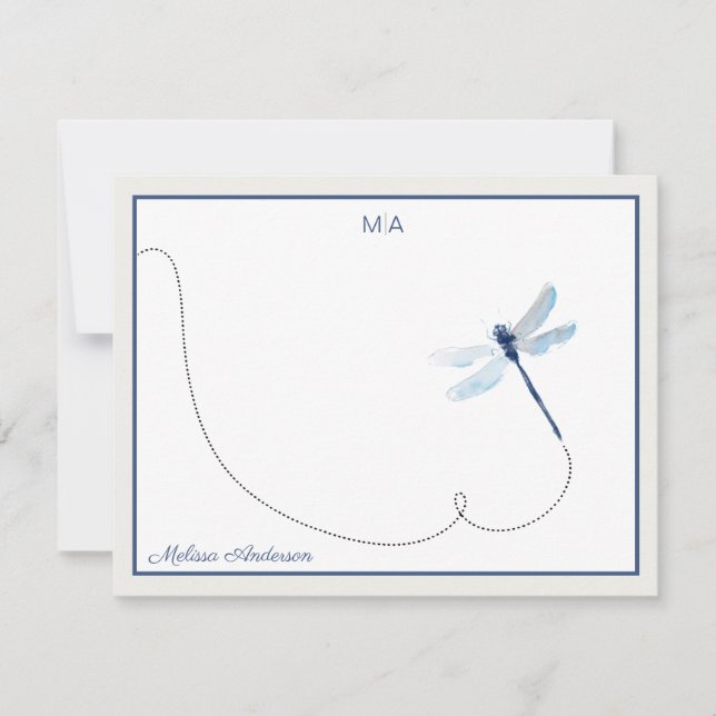 Blue Dreagonfly in Flight Monogram Name Card (Front)