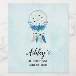 Blue Dreamcatcher Stylish Boho Design Birthday Wine Label