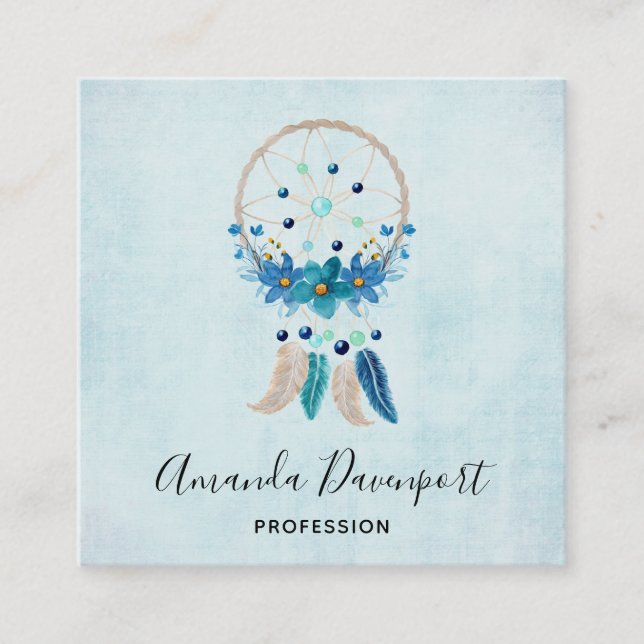 Blue Dreamcatcher Stylish Boho Design Square Business Card (Front)