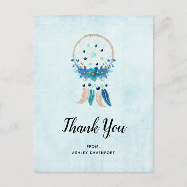 Blue Dreamcatcher with Feathers Boho Thank You Postcard (Front)