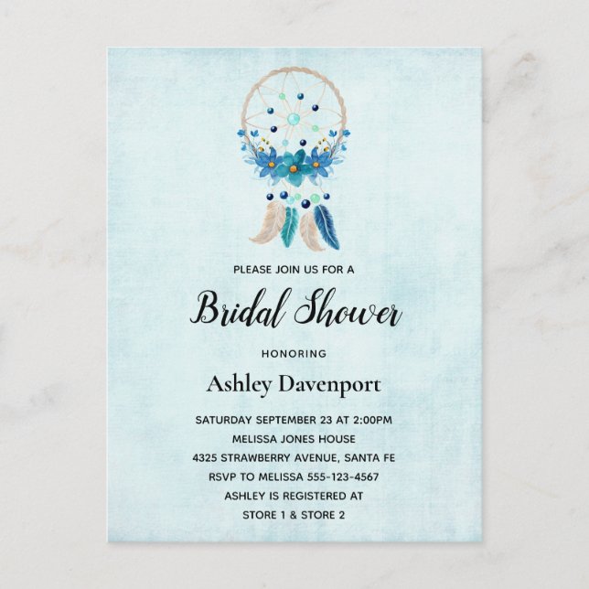 Blue Dreamcatcher with Flowers & Feathers Bridal Invitation Postcard (Front)
