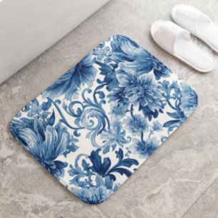 Blue Dreams   Floral Watercolor Chinoiserie Bath Mat