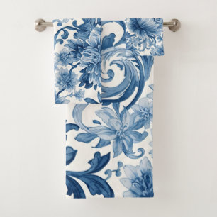 Blue Dreams   Floral Watercolor Chinoiserie Bath Towel Set