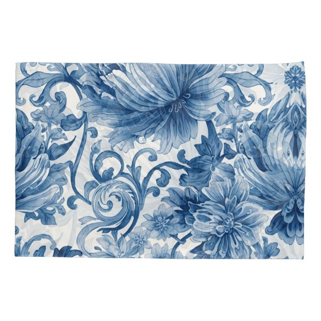 Blue Dreams | Floral Watercolor Chinoiserie Pillowcase (Back)