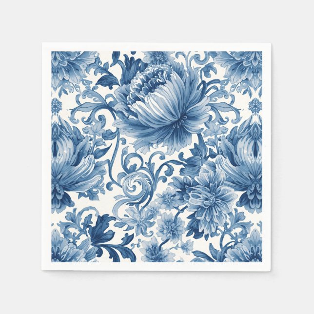 Blue Dreams | Floral Watercolor Chinoiserie White Napkin (Front)