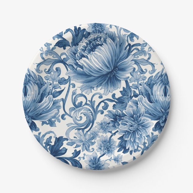 Blue Dreams | Floral Watercolor Chinoiserie White Paper Plate (Front)
