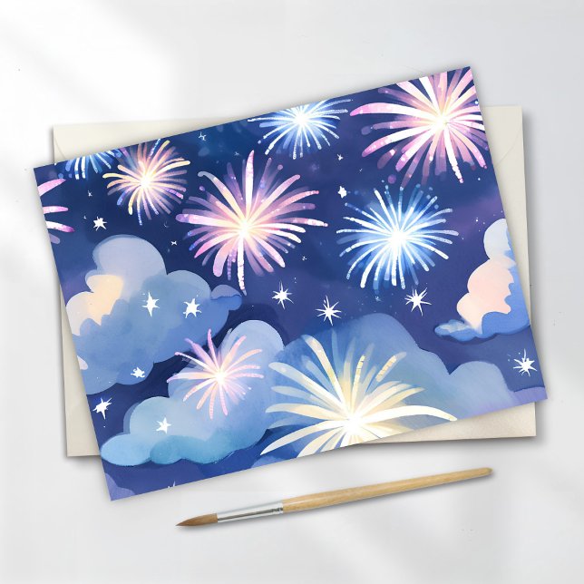 Blue Dreamy Clouds | Firework Stars Watercolor Postcard (Creator Uploaded)