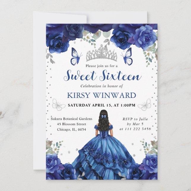 Blue Dress Black Hair Princess Sweet 16 Invitation (Front)