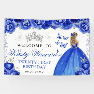 Blue Dress Blonde Haired Princess Floral Birthday Banner