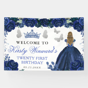 Blue Dress Blonde Haired Princess Floral Birthday Banner
