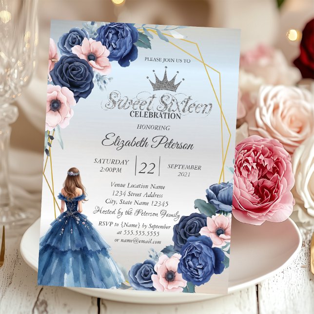 Blue Dress,Blue Flowers Frame Sweet 16 Invitation (Creator Uploaded)