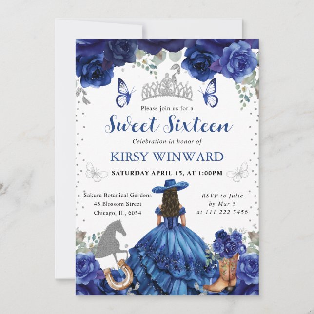 Blue Dress Brunette Salon Princess Sweet 16 Invitation (Front)