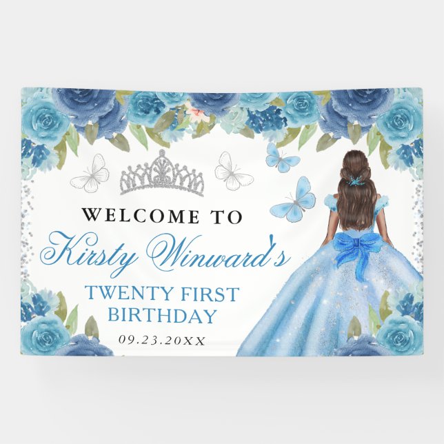 Blue Dress Dark Skin Princess Floral Birthday Banner (Horizontal)