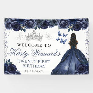 Blue Dress Dark Skin Princess Floral Birthday Banner