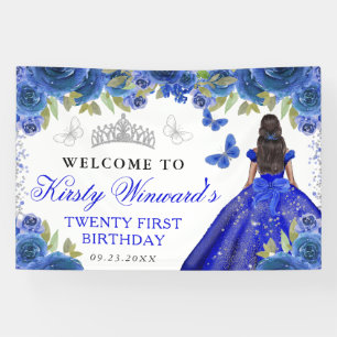 Blue Dress Dark Skin Princess Floral Birthday Banner