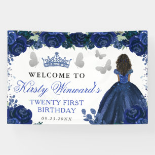 Blue Dress Dark Skin Princess Floral Birthday Banner