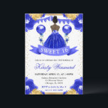 Blue Dress Dark Skin Princess Sweet 16 Invitation<br><div class="desc">Elegant watercolor dark skin princess in royal blue dress design with blue and gold flowers,  balloons and gold glitter confetti.</div>