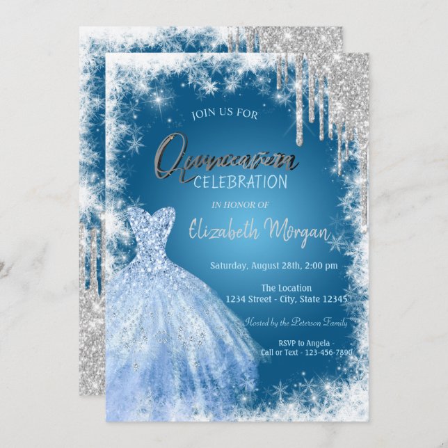 Blue Dress Glitter Drips Quinceañera  Invitation (Front/Back)