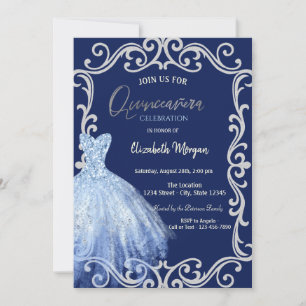 Blue Dress Glitter Frame Blue Quinceañera  Invitation