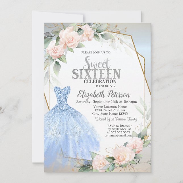 Blue Dress,Pink Roses Frame Silver Sweet 16  Invitation (Front)