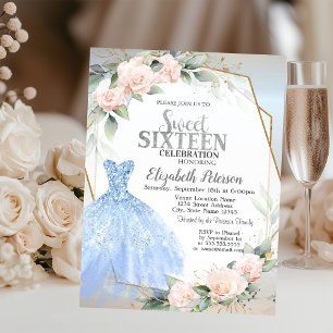 Blue Dress,Pink Roses Frame Silver Sweet 16  Invitation