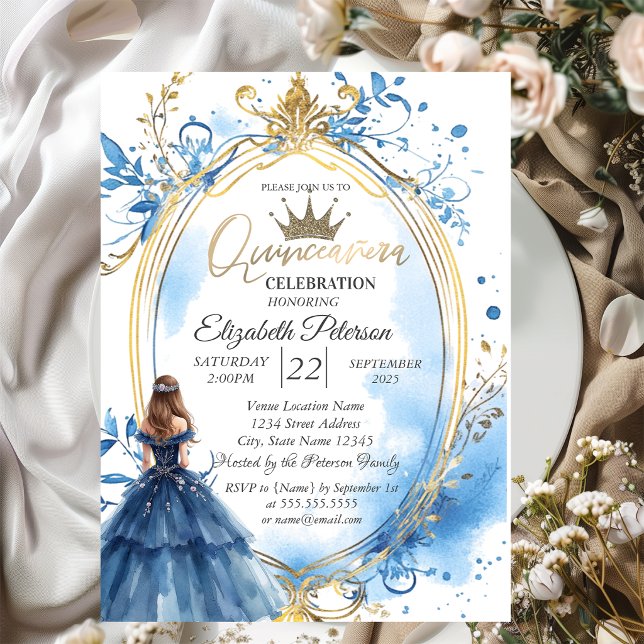 Blue Dress Princess Frame Gold Invitation (Creator Uploaded)