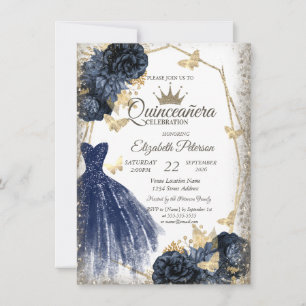 Blue Dress,Roses,Gold Butterflies Quinceañera Invitation