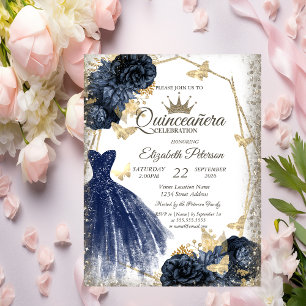 Blue Dress,Roses,Gold Butterflies Quinceañera Invitation