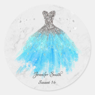 Blue dress silver glitter sweet sixteen classic round sticker