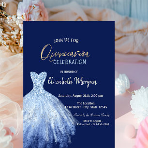 Blue Dress Stars Galaxy Navy Blue Quinceañera Invitation
