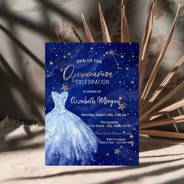Blue Dress Stars Galaxy Quinceañera  Invitation (Creator Uploaded)
